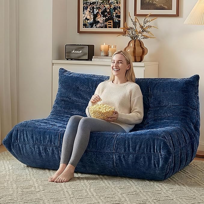 HABUTWAY Bean Bag Chair, Giant Bean Bag Chairs for Adults, Loveseat Fireside Chair, 2 Seater Lazy Bean Bag Sofa Memory Foam Couch for Living Room, Bedroom, Office (Navy Blue)