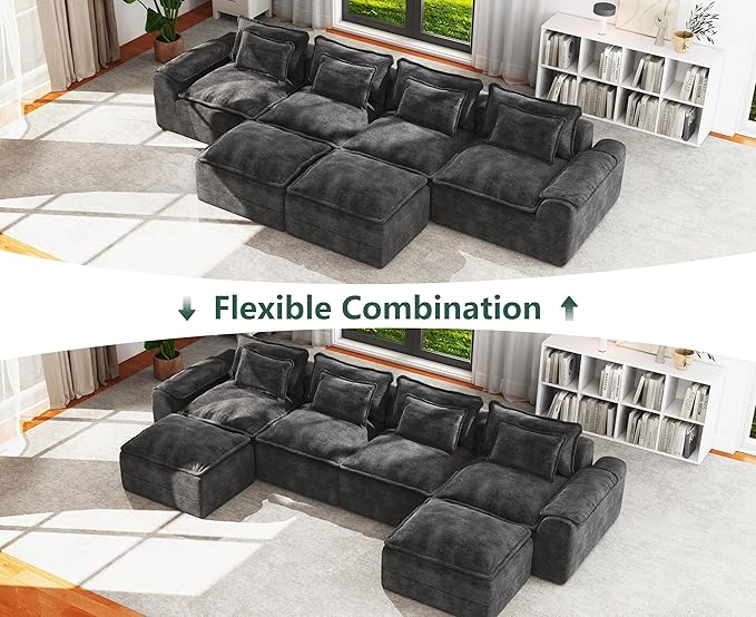 Hobestluk 152" Cloud Modular Sectional Couch 4-Seater Sofa with Ottomans U Shaped Couches Deep Seat Boneless Sofa for Living Room (Dark Grey, 4-Seater Sofa with Two Ottomans)