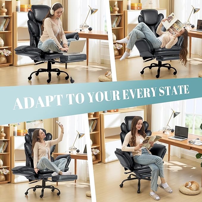 Big and Tall Office Chair, Flip Armrests Criss Cross Office Chair, Reclining Desk Chair with Foot Rest, Adjustable Headrest, Massage Waist Pillow Cross Legged Wide Seat Vanity Chair, PU Leather Black
