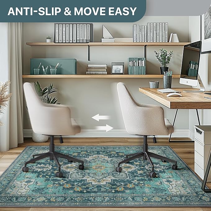 36"x48" Office Chair Mat for Hardwood Tile Floor, Under Desk Carpet Protector for Rolling Computer Chair Mat, Machine Washable Area Rug, Anti-Slip 1/5" Thick Low Pile Thin Vinyl Floor Mat, Turquoise
