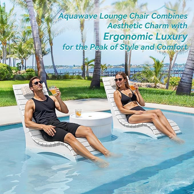 HDPS Pool Lounge Chairs, Use in Pools Lounge Chairs up to 10-Inches of Water, Chaise Chairs with Headrest, Lounge Chair Outdoor, Fade-Resistant Pool Lounger for Deck