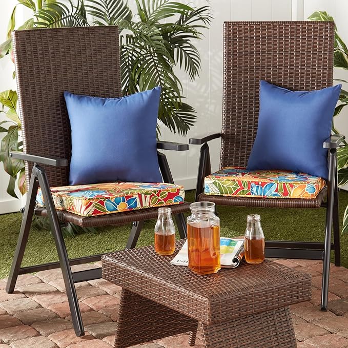 Outdoor 18 inch Square Patio Dining Chair Pads – Comfortable Fiber-Filled Seat Cushions with Ties, Reversible Polyester Fabric - Aloha Red Floral, Set of 2