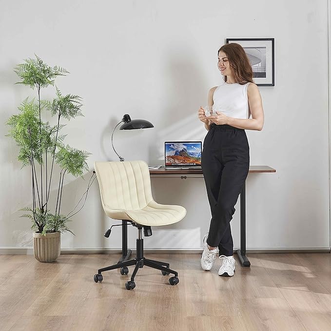 YOUNIKE Ergonomic Home Office Desk Chair with Wheels Comfy Armless Criss Cross Chair with Adjustable Back Modern Leather Upholstered Swivel Vanity Chair Small Cute Rolling Task Chair for Women Beige