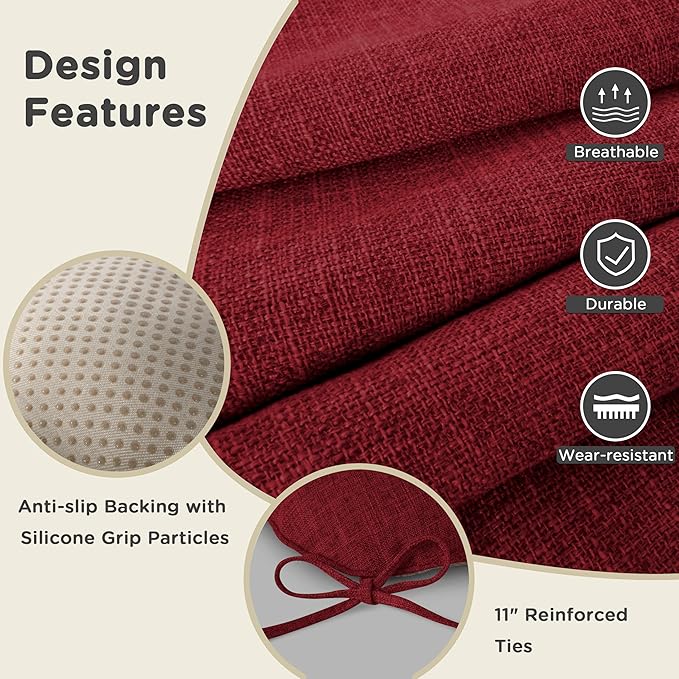AddGrace Chair Cushions for Dining Chairs Set of 4 Kitchen Seat Cushions with Ties and Non Slip Backing Tufted Indoor Seat Pad for Kitchen Dining Room 18" x 17" x 3" Burgundy
