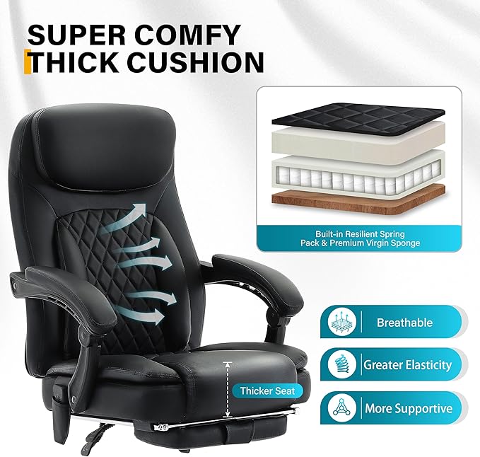 6-Point Massage Office Chair with Heated, Ergonomic Office Chair with Footrest & 45°Reclining High Back, Big and Tall Executive Office Chair 500LBS, Thick Cushion Desk Chair for Home Office, Black(PU)