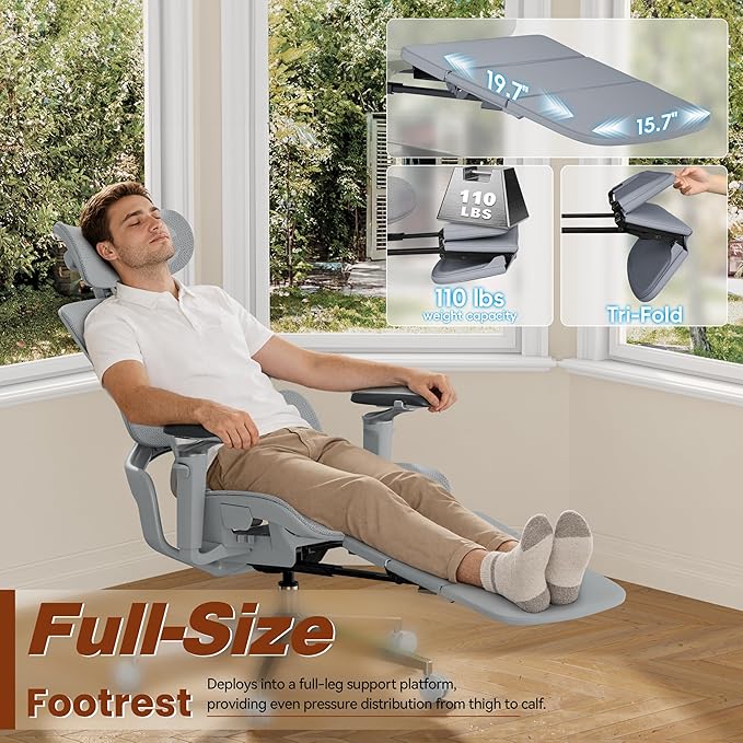 GABRYLLY Ergonomic Mesh Office Chair with Footrest - Big and Tall Desk Chair with 5-Level Adjustable Back Support, Comfy Sliding Seat, 3D Headrest, 4D Armrest, 150° Tilt Computer Executive Chair