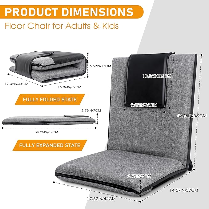 FASTMOMENT Floor Chair with Back Support 14-Position Adjustable Floor Chair Portable Ground Seating for Adults & Kids Foldable Meditation Seat with Japanese KOYO Bearings & Washable Linen Cover (Grey)