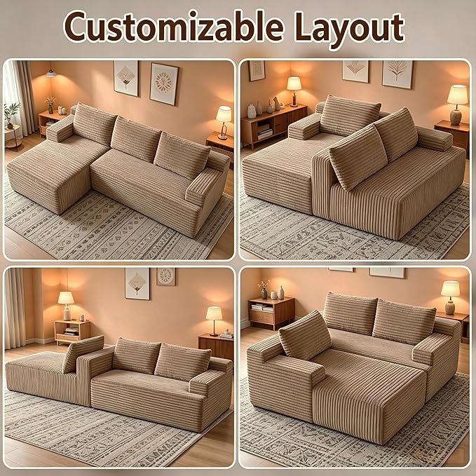 94" Camel Boneless Couch with Left Facing Chaise for Living Room, Corduroy L-Shaped Sectional Couches,Compressed Memory Foam Cloud Sofa,No Assembly Required,Camel