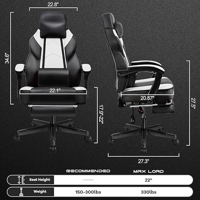 Big and Tall Gaming Chair for Adults, Heavy Duty Computer Chair with Footrest, Video Game Chair, Massage Lumbar Support, Wide Seat High Back Reclining Desk Chair, White