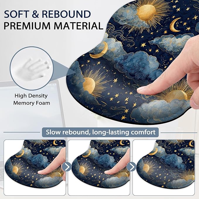 Starry Night Keyboard Wrist Rest Pad Ergonomic Mouse Pad Set,Sun Moon 3 in 1 Memory Foam Mouse Pad with Non Slip Base for Office and Home