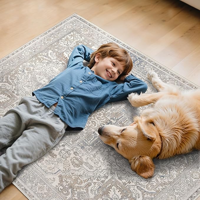 48"x60" Office Chair Mat for Hardwood Tile Floor, Under Desk Carpet Protector for Rolling Computer Chair Mat, Machine Washable Area Rug, Anti-Slip 1/5" Thick Low Pile Thin Vinyl Floor Mat, Khaki Blue