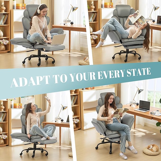 Big and Tall Office Chair, Flip Armrests Criss Cross Office Chair, Reclining Desk Chair with Foot Rest, Adjustable Headrest, Massage Waist Pillow Cross Legged Wide Seat Vanity Chair, PU Leather Grey