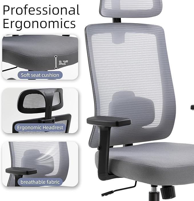 Ergonomic Mesh Office Chair with Headrest, Comfortable Desk Chair for Long Sitting, Breathable Computer Chair with Flip-Up Arms, Adjustable Swivel Chair for Home Office Work Study, Grey