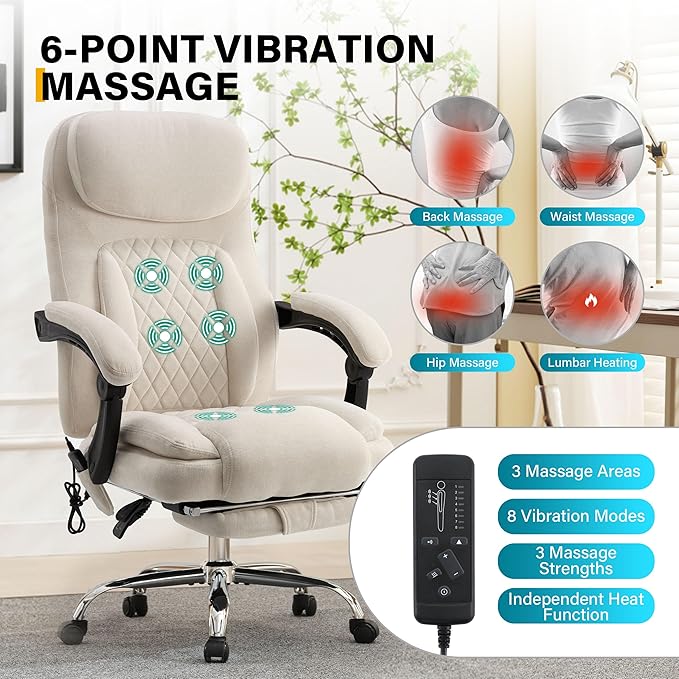 6-Point Massage Office Chair with Heated, Ergonomic Office Chair with Footrest & 45°Reclining High Back, Big and Tall Executive Office Chair 500LBS, Thick Cushion Desk Chair for Home Office, Beige