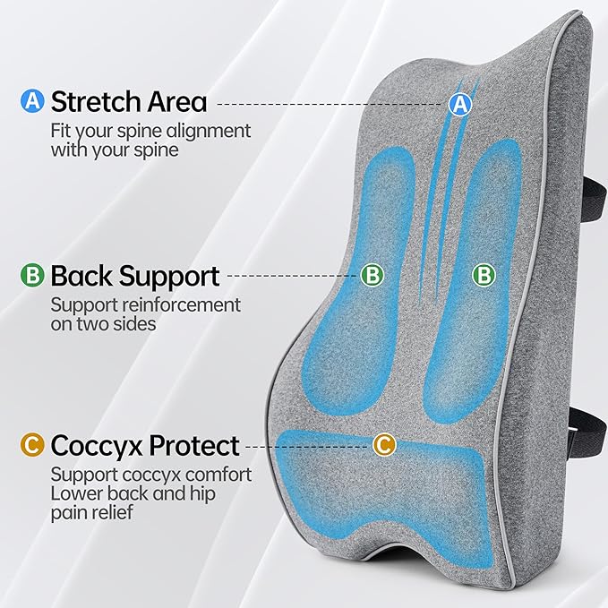 Lumbar Support Pillow for Office Chair Car Seat Gaming Chair, Memory Foam Back Support Pillow, Lumbar Cushion Back Cushion for Lower Back Pain Relief, Adjustable Strap Washable Cover-Grey