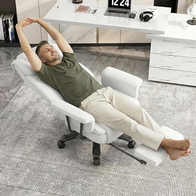 GYI 160° Reclining Office Chair with Footrest, Big and Tall High Back Home Office Chair, Leather Computer Desk Chair with Cross Legged Seat, Arms, Wheels, White