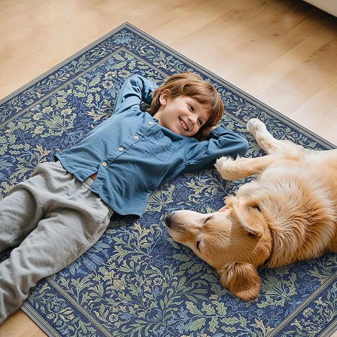 48"x60" Office Chair Mat for Hardwood Tile Floor, Under Desk Carpet Protector for Rolling Computer Chair Mat, Machine Washable Area Rug, Anti-Slip 1/5" Thick Low Pile Thin Vinyl Floor Mat, Dark Blue