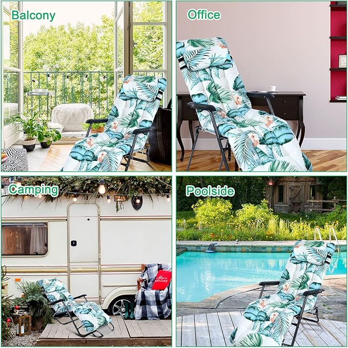 Wesiti Lounge Cushion 67 x 21 Inch Lounger Chair Cushion Indoor Outdoor Patio Chaise Pad Replacement Rocking Mat for Furniture Sofa Non Slip Floral Thick High Back Chair Pads with Headrest 8 Ties