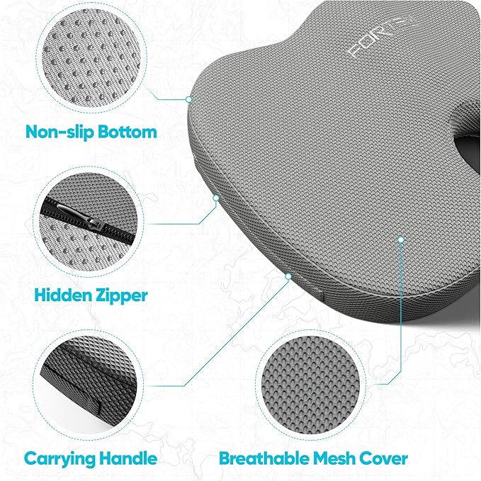 FORTEM Seat Cushion, Office Chair Cushion, Memory Foam Car Seat Cushions, Sciatica Coccyx Tailbone Pain Relief, Chair Cushions for Back Support, Sitting Pad for Gaming, Washable Cover, Non Slip, XL