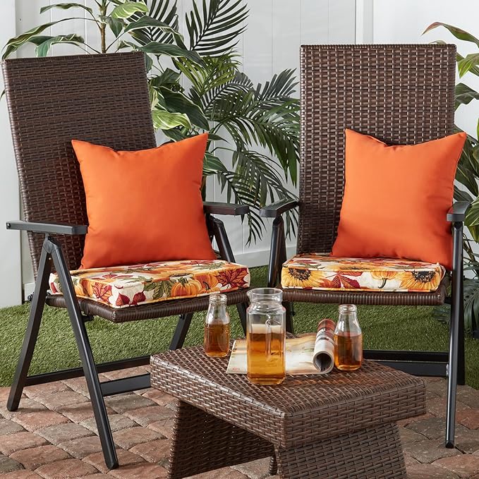 Outdoor 18 inch Square Patio Dining Chair Pads – Comfortable Fiber-Filled Seat Cushions with Ties, Reversible Polyester Fabric - Marisol, Set of 4