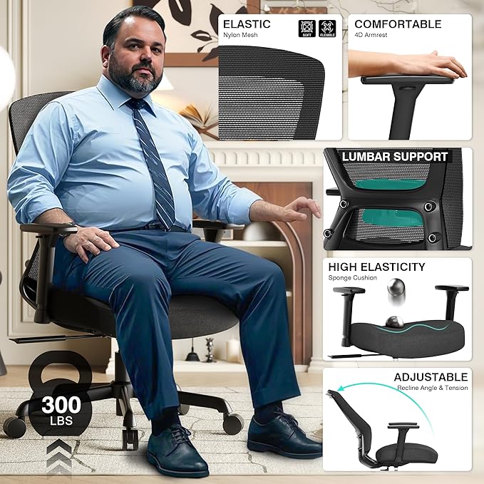 ELABEST Mesh Office Chair,Ergonomic Computer Desk Chair,Sturdy Task Chair- Adjustable Lumbar Support & Armrests,Tilt Function,Comfort Wide Seat,Swivel Home Office Chair (Noir Black (Padded Seat))