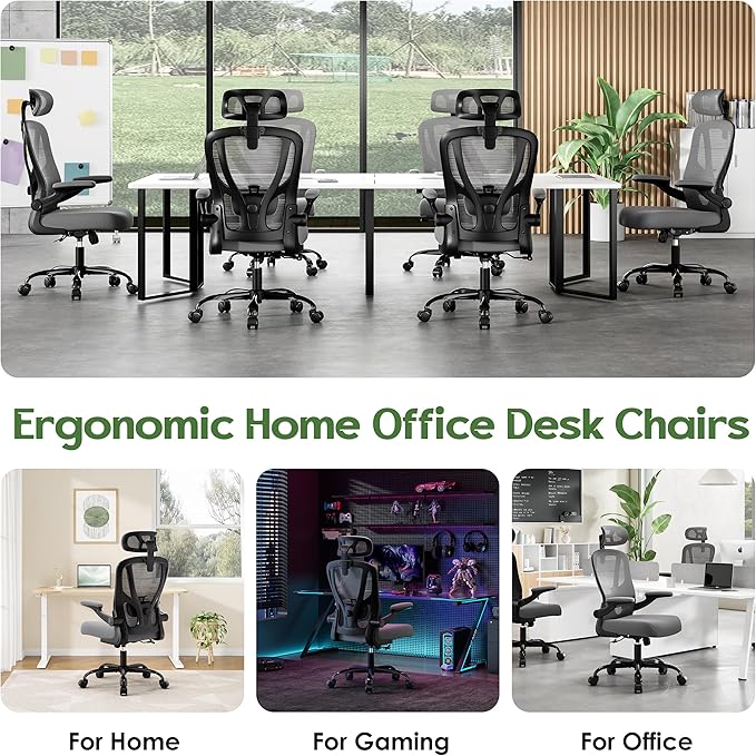 Office Chair Ergonomic Desk Chair - Mesh High Back Office Chair with Headrests Wheels Lumbar Support Home Desk Office Chairs Flip up Armrest Executive Rolling Computer Chair Black Gray 4 Pack