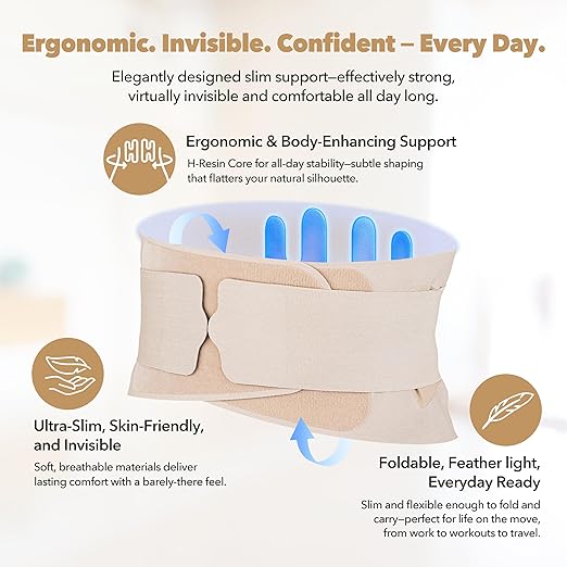 Slim Fit Lower Back Brace – Ultra-Thin Ergonomic H-Shaped Resin Support, Seamless Design for Strong & Comfortable Lumbar Support, Lightweight & Discreet Back Brace (Beige, X-Large)