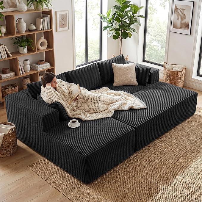 GRUSIGN 106" Oversized Sectional Boneless Sleeper Sofa Bed Couches for Living Room, Modular L Shaped Couch with Left Facing Chaise & Big Ottoman, Compressed Spineless Corduroy Cloud Sofas, Black | Deep Seat, Cat-Claw Resistant, High-Resilience Foam, Fl...