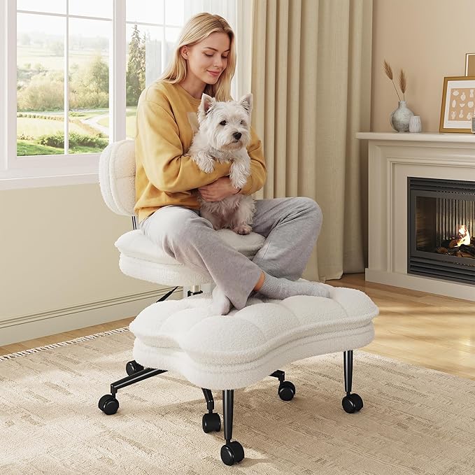 DurayLoly Ergonomic Office Chair, 360° Swivel Meditation Chair with Wheels, Height Adjustable Office Chair with Foot Rest for ADHD, Thicken Cushion & Backrest, Teddy Fabric, Off-White