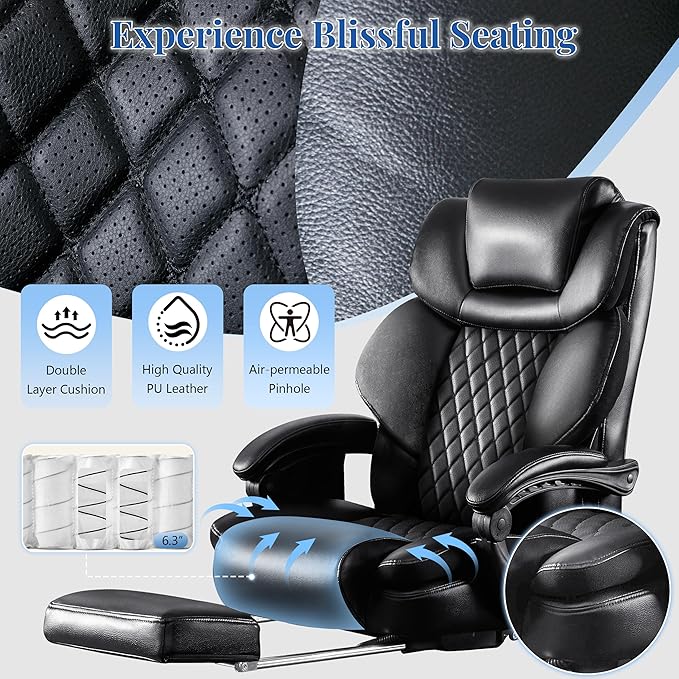 3D Kneading Massage Office Chair, Oversized 600LBS Big and Tall Executive Office Chair with Footrest, Reclining Computer Chairs, Wider Upholstered Seat Ergonomic Desk Chair for Home Office,Black