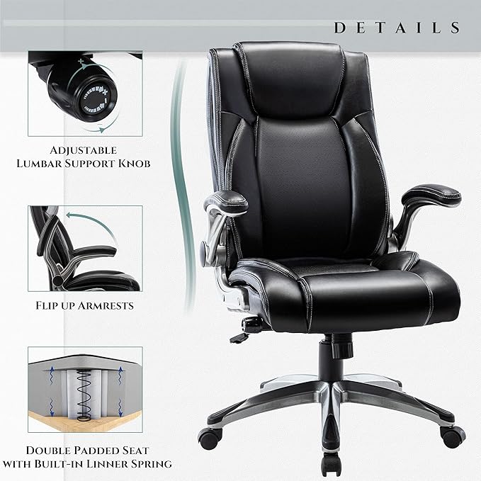 COLAMY Executive Office Ergonomic Chair with Thick Bonded Leather, 300lbs Capacity Big and Tall High Back Desk Chair with Flip-up Armrests, Adjustable Height and Tilt for Working, Study, Gaming,2PC