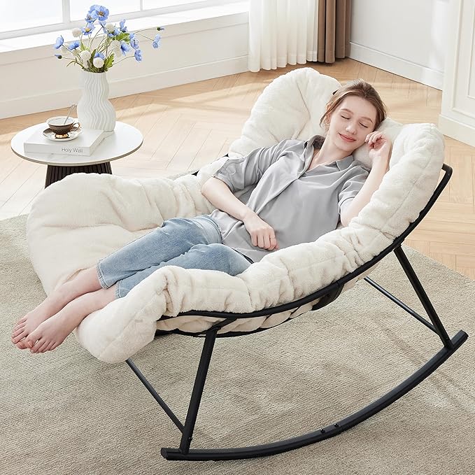 Oversized Rocking Chair Indoor, Papasan Rocking Chair Outdoor, Lounge Chair with Cushion, Patio Egg Rocker Chairs, Comfy Reading Chairs for Bedroom, Living Room, Garden, Lawn, White