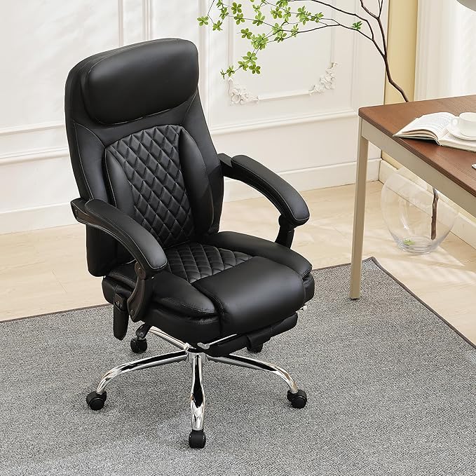 500LBS Massage Office Chair, 6 Points Vibration & Heat Executive Office Chairs, 135°Reclining Comfy Desk Chair with Foot Rest, Wider & Thicker Seat Cushion, PU Leather Big and Tall Gaming Chair, Black