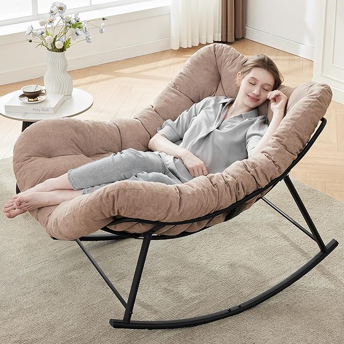 Oversized Rocking Chair Indoor, Papasan Rocking Chair Outdoor, Lounge Chair with Cushion, Patio Egg Rocker Chairs, Comfy Reading Chairs for Bedroom, Living Room, Garden, Lawn, Khaki