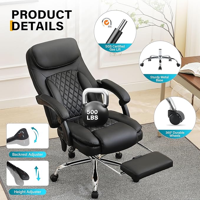 6-Point Massage Office Chair with Heated, Ergonomic Office Chair with Footrest & 45°Reclining High Back, Big and Tall Executive Office Chair 500LBS, Thick Cushion Desk Chair for Home Office, Black(PU)