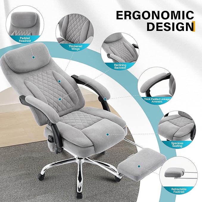 6-Point Massage Ergonomic Office Chair with Heated, Footrest & 45Reclining High Back, Big and Tall Executive Desk Chair 500LBS, Thick Cushion for Home Office, Grey