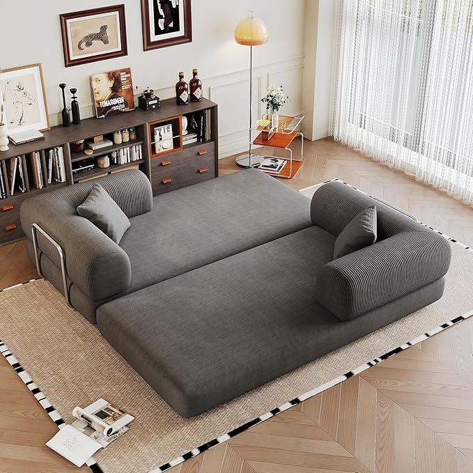 JINGLING 79" Queen Sleeper Sofa Bed with Memory Foam, Compressed Couch in a Box, Foldable Convertible Small Couches for Small Spaces Bedroom Game Room, Corduroy Fabric, Grey