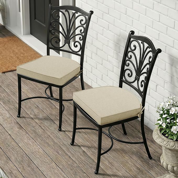 Outdoor Chair Cushions, Fade-Resistant & Water-Resistant, D Shaped Patio Furniture Seat Chair Pads Replacement with Ties, Non-Slip Bottom, Removable Cover, Set of 6, 17 x 16 Inch, Beige