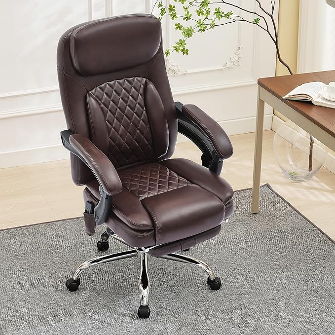 500LBS Massage Office Chair, 6 Points Vibration & Heat Executive Office Chairs, 135°Reclining Comfy Desk Chair with Foot Rest, Wider & Thicker Seat Cushion, PU Leather Big and Tall Gaming Chair, Brown