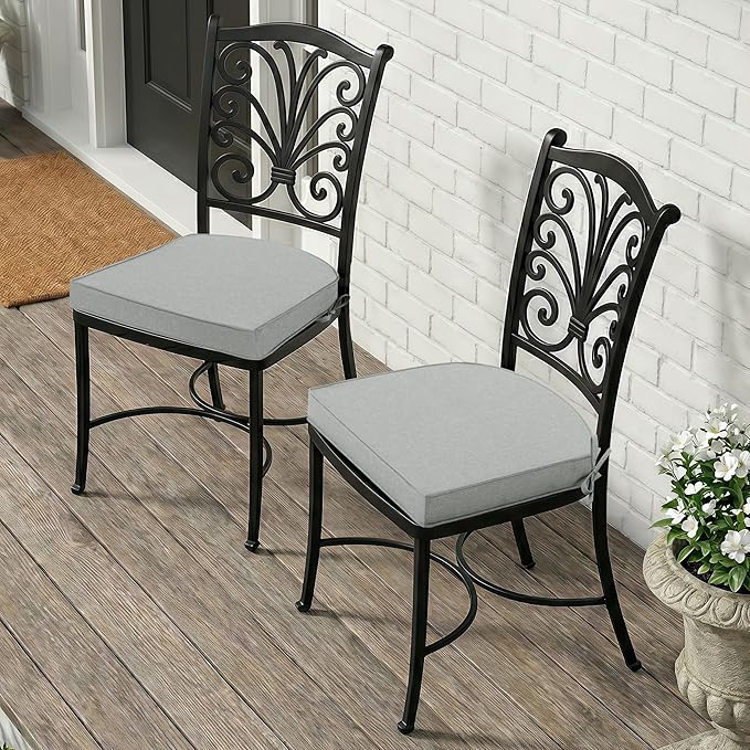Outdoor Chair Cushions, Fade-Resistant & Water-Resistant, D Shaped Patio Furniture Seat Chair Pads Replacement with Ties, Non-Slip Bottom, Removable Cover, Set of 6, 17 x 16 Inch, Light Grey